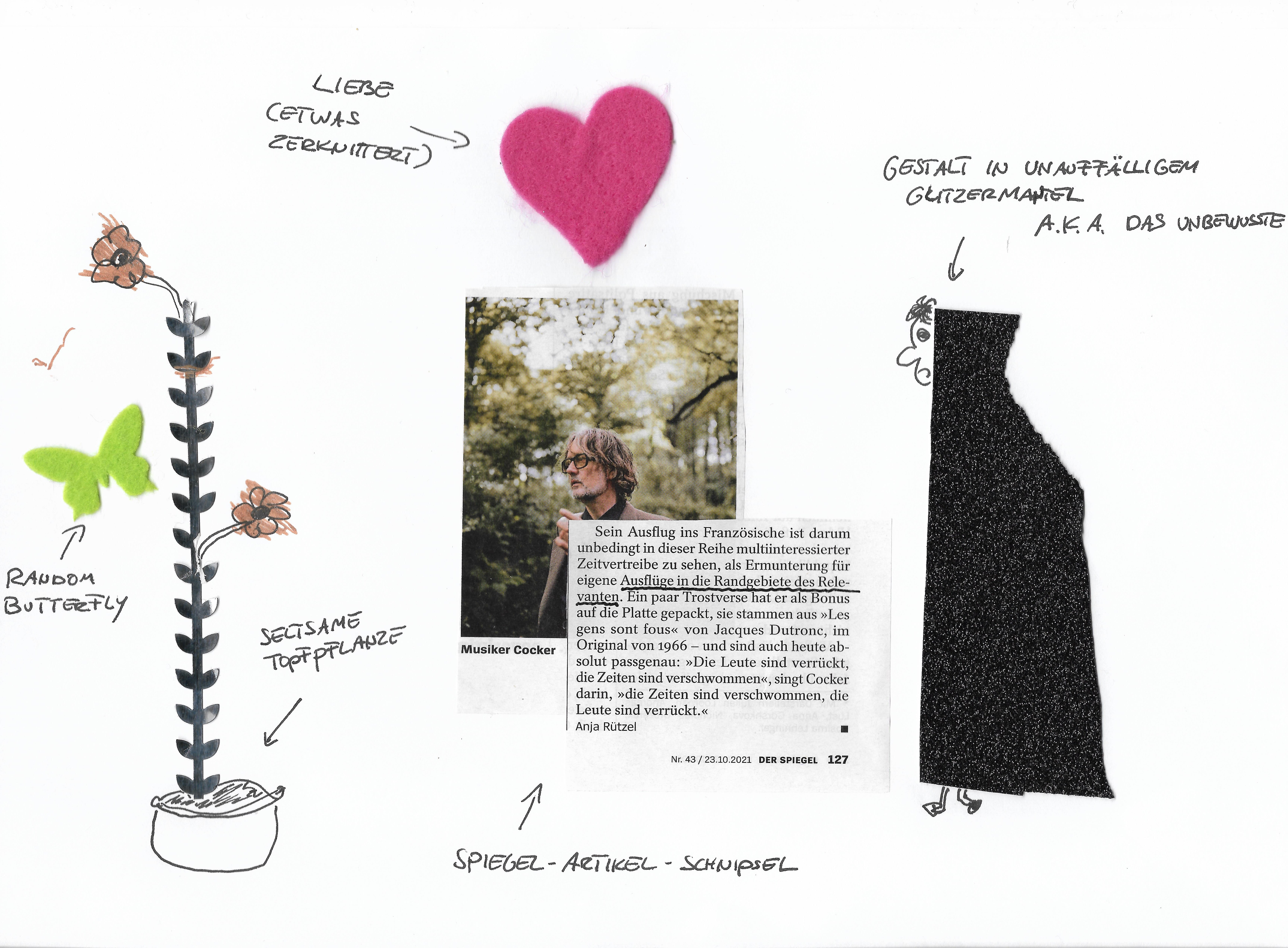 Auf diesem Bild ist das Unbewusste zu sehen, das einen glitzernden Mantel trägt. Ebenso ein Ausschnitt eines Spiegel-Artikels über Jarvis Cocker, in dem der Satz unterstrichen ist: "Ausflüge in die Randbereiche des Relevanten". Eine seltsame Topfpflanze darf nicht fehlen und auch der Random Butterfly. Ebenfalls ein rosa Plüschherz, das Liebe symbolisiert (aber etwas zerknittert).